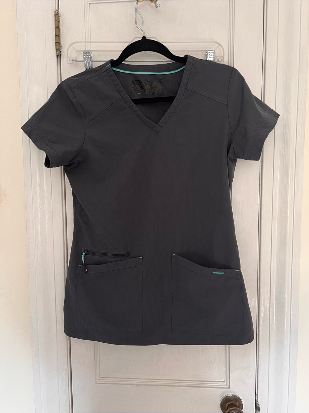 Charcoal V-Neck Women's Scrub Top with Pocket Trim